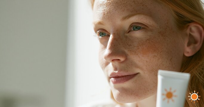 Close-up of woman with freckles and skincare