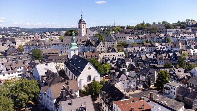 Aerial view of the town Siegen with castle in North Rhine-Westphalia , Germany.