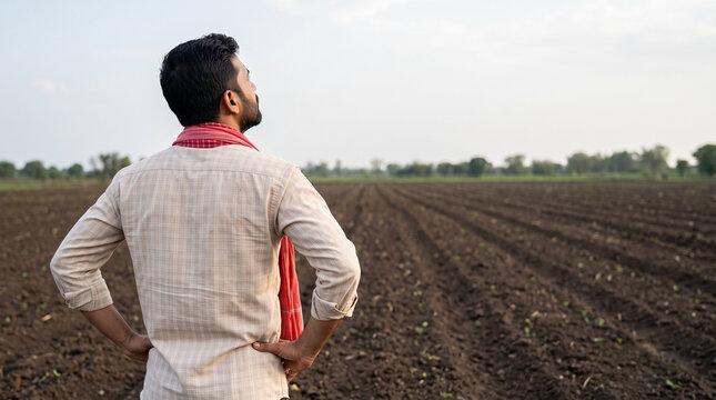 Indian farmer standing with his back to the camera in a newly sown agricultural field while waiting for rainfall during delayed monsoon season with copy space for drought and agriculture awareness