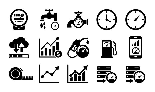Energy Meter, Water Tap, Clock, Cloud Storage, Fuel Pump, Gas Station, Smartphone Meter, Tape Measure, Server Performance, Data Analytics Icons Set, Vector Graphics
