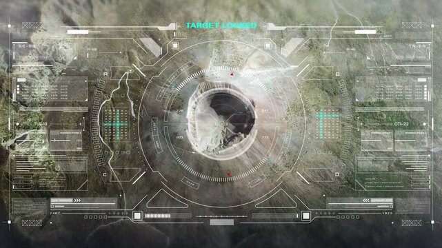 Futuristic Sci-Fi HUD Interface Scanning Mountain and Forest Terrain. Tactical Drone Aerial View Animation with Real-Time Flight Data, Crosshair Navigation, and Military Target Analyze Dashboard.