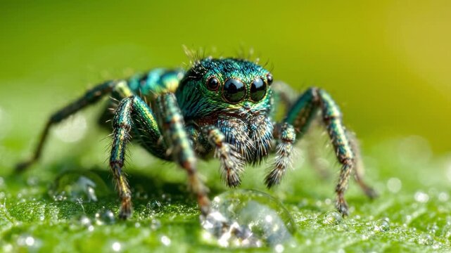 Close-Up Exploration of a Brightly Colored Jumping Spider on a Dewy Leaf, Revealing Intricate Details and Vibrant Hues in Nature's Microcosm