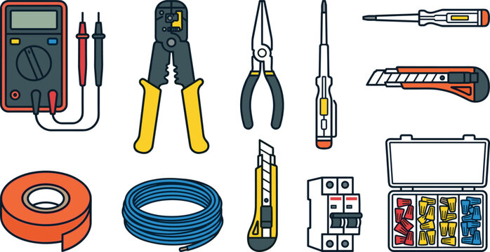 Electrician Hand Tools and Equipment Icon Set with Multimeter Wire Stripper Cable Tester Screwdriver Utility Knife Circuit Breaker and Electrical Hardware Designs