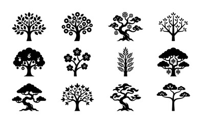 Fototapeta premium Set of 12 Stylized Tree Icons, Black and White Vector Graphics for Nature and Botanical Designs, Organic Shapes for Eco-Friendly Branding