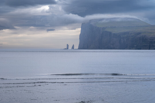 View of Risin and Kellingin (the Giant and the Witch) from Tj&oslash;rnuv&iacute;k village, Faroe Islands
