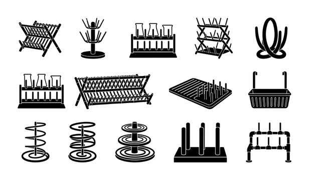 Laboratory and Kitchen Drying Racks, Vector Icons Set: Test Tube Holders, Bottle Dryers, Utensil Stands for Scientific and Culinary Applications
