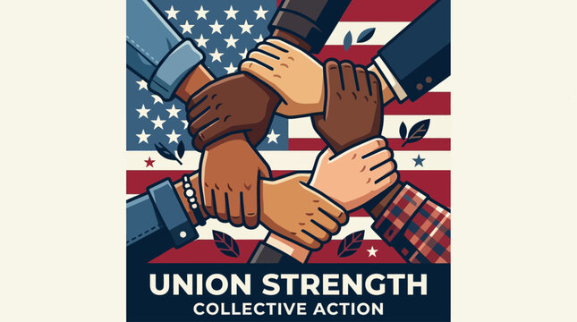 A compelling flat design vector illustration symbolizing the strength and unity of labor unions through clasped hands in solidarity. 