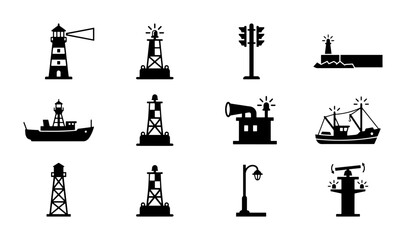 Nautical Navigation Icons Set: Lighthouses, Buoys, Ships, and Radar Signals for Maritime and Marine Design © Rafiq