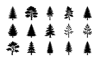 Obraz premium Diverse Pine and Evergreen Tree Silhouettes, 15 Vector Icons for Nature and Forest Design Elements, Woodland and Arbor Collection