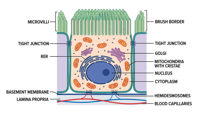Diagram of a Human Intestinal Epithelial Cell with Organelles and Features Labeled