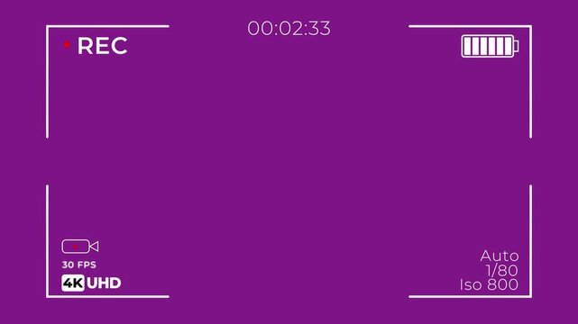 Video camera recorder screen overlay on pink background. Animated of DSLR camera frame viewfinder. Camera recording icon form 0 to 1 minute screen in UHD.