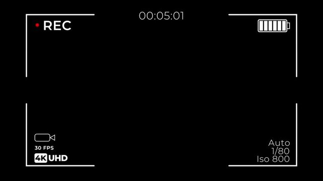 Video camera recorder screen overlay on black background. Animated of DSLR camera frame viewfinder. Camera recording icon form 0 to 30 minute screen in UHD.