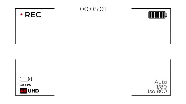 Video camera recorder screen overlay on white background. Animated of DSLR camera frame viewfinder. Camera recording icon form 0 to 30 minute screen in UHD.
