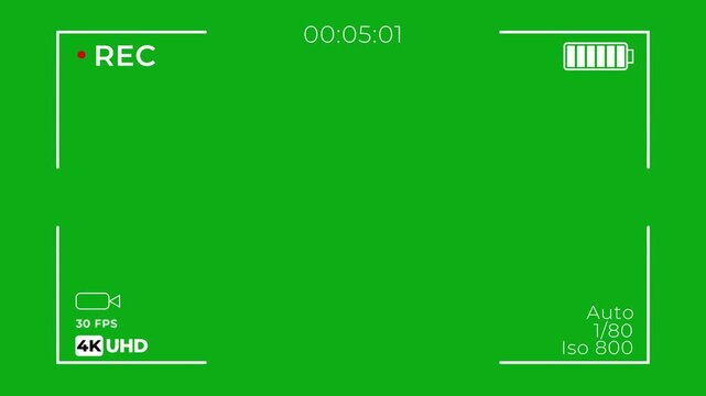 Video camera recorder screen overlay on green background. Animated of DSLR camera frame viewfinder. Camera recording icon form 0 to 30 minute screen in UHD.