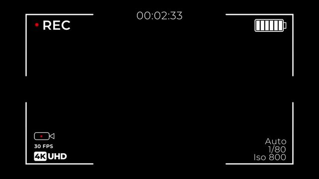Video camera recorder screen overlay on black background. Animated of DSLR camera frame viewfinder. Camera recording icon form 0 to 1 minute screen in UHD.