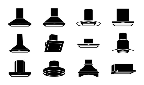 Kitchen Range Hood Icons Set, Modern Ventilation Appliances Collection, Sleek Exhaust System Vector Graphics for Home Design and Appliance Stores