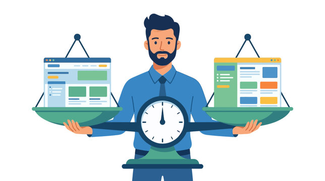 Businessman balancing website interfaces on scales for A/B testing marketing optimization flat design vector illustration