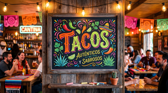 Vibrant hand drawn colorful chalk board sign advertising authentic mexican tacos displayed prominently on a rustic wooden wall inside a busy lively cantina restaurant with warm string lighting over