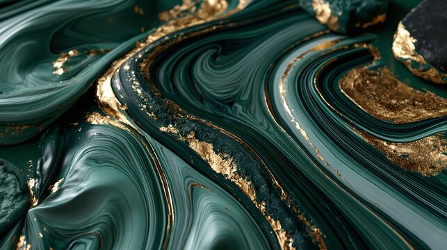 Abstract swirling patterns of emerald green and gold leaf texture closeup