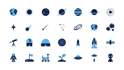 Collection of various space related icons including planets moons stars rockets and astronomy equipment on white background © CHANCHALA  SARKAR
