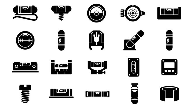 Spirit Bubble Levels and Precision Inclinometer Vector Icons Set, Black silhouette vector icons representing various spirit bubble levels, precision inclinometers, and calibration vials.