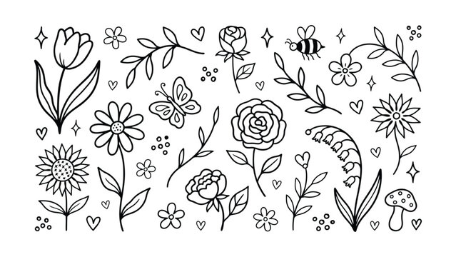 Black and white illustration of various flowers leaves butterflies and insects on a transparent background for decorative and design use