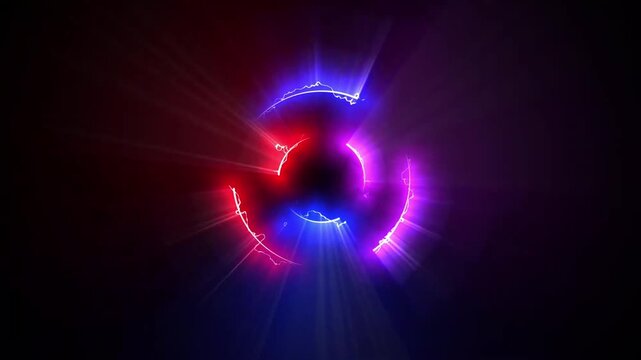 Neon red blue purple electric circles spinning and shrinking toward center on black background video