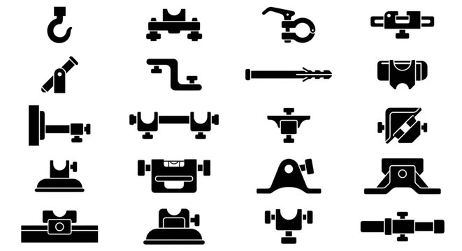 Pole Clamps, Mounting Brackets and Surveying Hardware Icons, Silhouette vector icons depicting various pole clamps, mounting brackets, and hardware attachments used in surveying and construction.