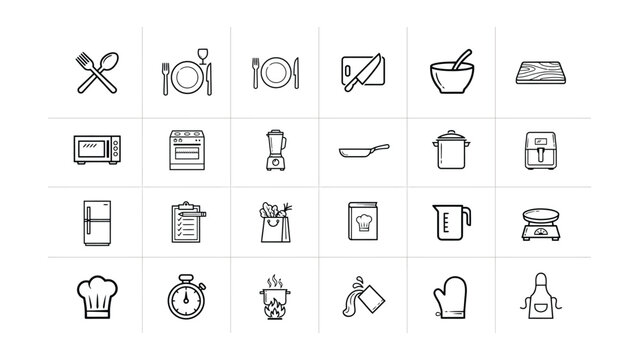 Black and white line icons of kitchen utensils and appliances on transparent background for design and infographics  kitchen tools and equipment