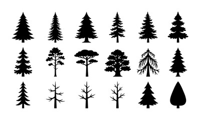 Obraz premium Diverse Tree Silhouettes Collection, 16 Evergreen and Deciduous Forest Icons, Nature Elements for Design