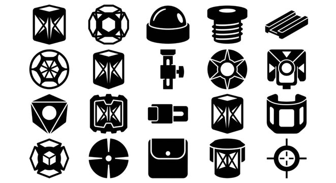 Surveying Prisms and Optical Reflector Geometry Vector Icons Set,  Silhouette vector icons depicting various surveying prisms, optical reflectors, and geometric measurement targets