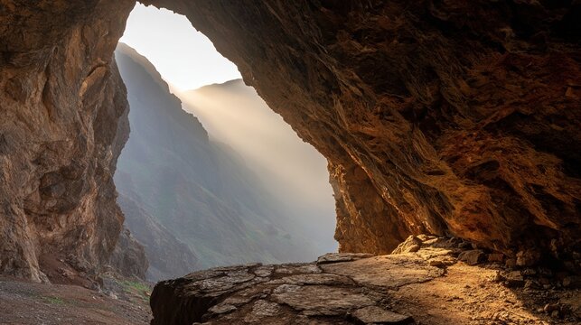 cavern. A natural cave entrance on a mountainside with sunlight piercing the dark interior. travel magazines, destination branding, designed for travel destination branding, used by bi analysts.