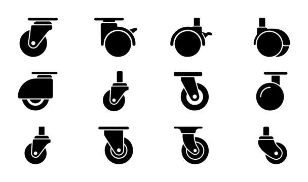 Set of 12 Black and White Caster Wheels Icons, Furniture Hardware Components, Industrial Equipment Parts, Vector Graphics for Design Projects