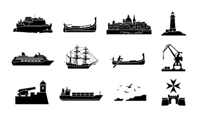 Maritime Icons Collection: Ships, Boats, Lighthouse, Harbor Crane, Fortifications, Maltese Cross, City Skyline © Rakib