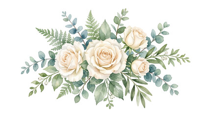 Watercolor white rose flowers vector, floral bouquet with eucalyptus leaves on transparent Background. watercolor floral arrangement with cream roses and greenery clipart for wedding invitation,  © bikram