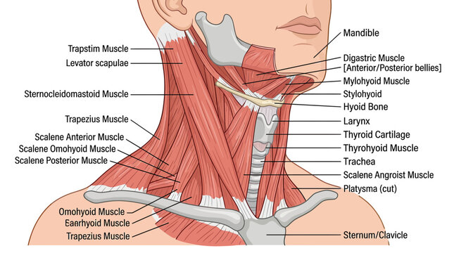 Human Neck Anatomy: Muscles, Bones, and Larynx Diagram