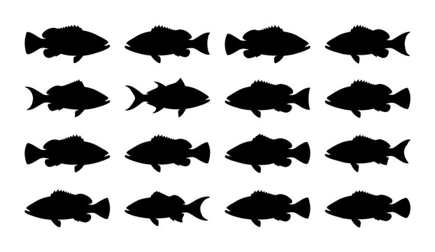 Black Fish Silhouettes, Marine Life Vector Icons, Aquatic Animal Collection, Seafood Design Elements, Underwater Creatures Pattern