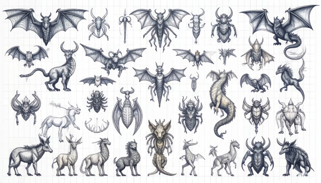 Sheet of hand-drawn mythical creatures and monster sketches.