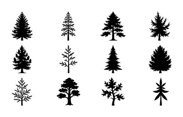 Fototapeta premium Diverse Evergreen Tree Silhouettes Collection, Conifer Forest Icons, Pine Spruce Fir Vector Graphics, Nature Elements for Design
