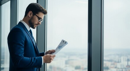 Fototapeta premium Focused business executive in a blue suit examines financial documents near a large office window.