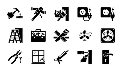 Fototapeta premium Home Renovation and Repair Icons Set, DIY Tools and Hardware, Construction and Maintenance Vector Graphics, Electrical and Plumbing Symbols