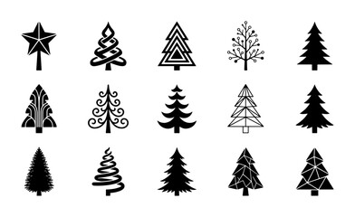 Obraz premium Set of 15 Diverse Christmas Tree Icons, Vector Graphics for Holiday Design Elements, Festive Winter Season Symbols, Black and White Decorative Illustrations