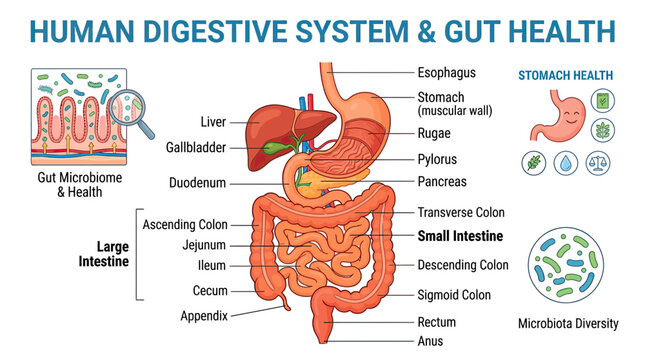 Human Digestive System Anatomy and Gut Health - Diagram and Microbiome