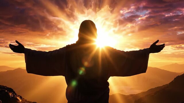 A Serene Encounter with Divinity: A Majestic Silhouette against a Glorious Sunrise, Capturing the Essence of Hope, Faith, and Spiritual Awakening in the Natural World