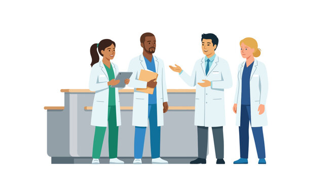 Diverse group of medical professionals having a professional team briefing in clinic hallway flat vector illustration.