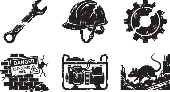 Post apocalyptic survival and industrial damage icons vector setPost apocalyptic survival and industrial damage icons vector set