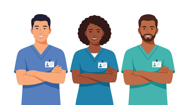 Diverse multicultural medical team posing with crossed arms confidently for healthcare service representation flat vector illustration