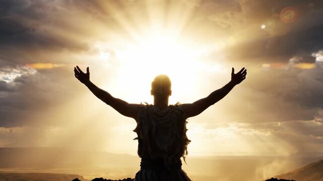 A Journey of Transformation: A Figure in the Wilderness Embracing the Power of the Universe as Rays of Light Break Through Dark Clouds
