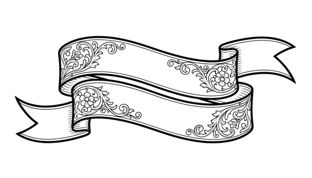 Intricate black and white scroll banner template featuring highly detailed floral baroque style engraving patterns.