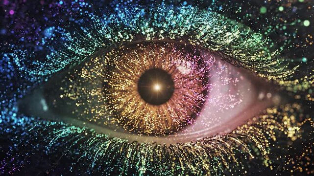 A mesmerizing fusion of vibrant colors and luminous particles, encapsulating the essence of beauty and intrigue through an artistic representation of an eye embedded in a cosmic backdrop.